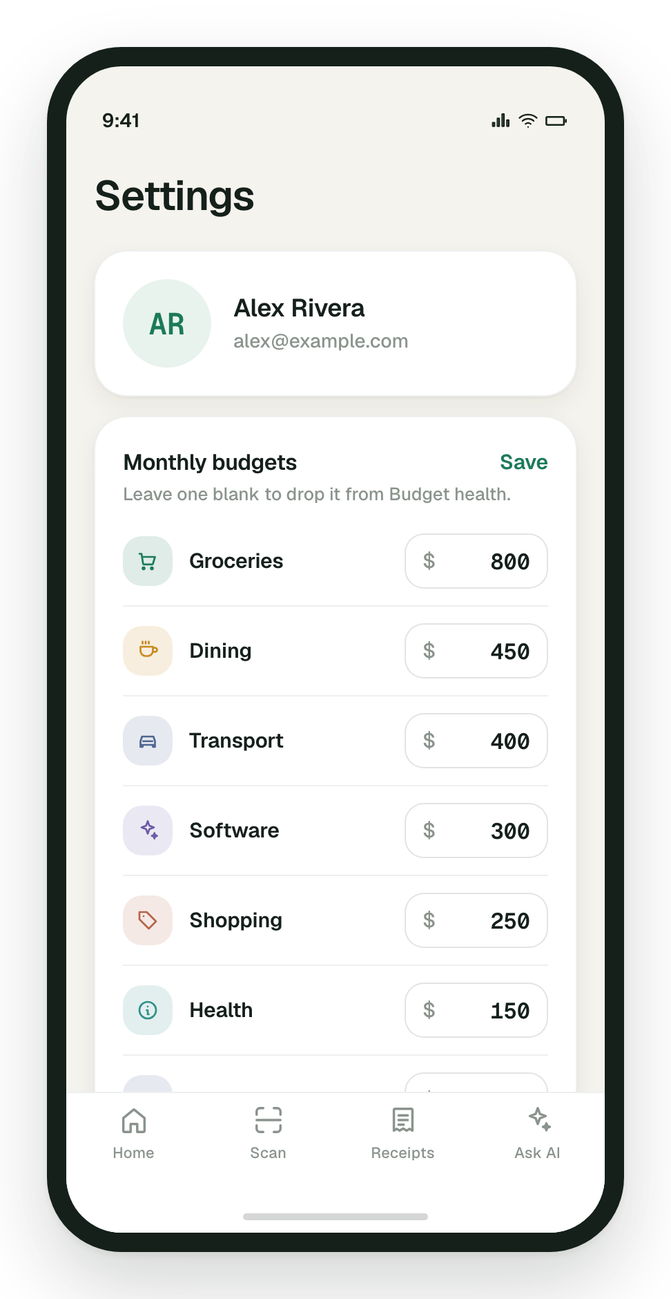 The Budgetify budgets screen with a monthly limit set for each category