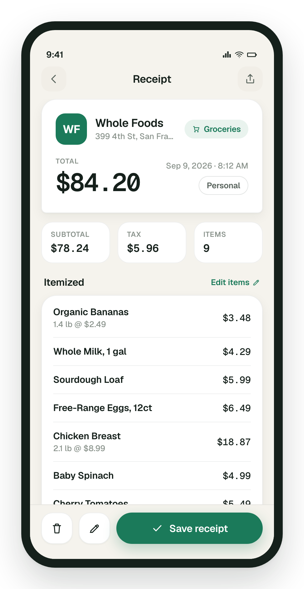 A Budgetify receipt detail screen listing every item on a Whole Foods receipt