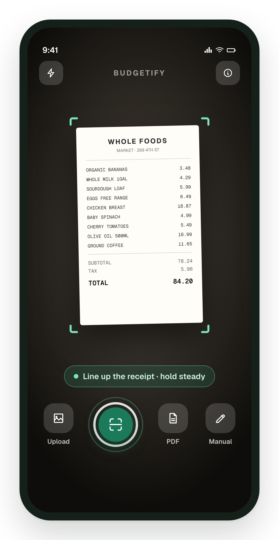 The Budgetify camera framing a Whole Foods receipt, with upload, PDF and manual-entry options